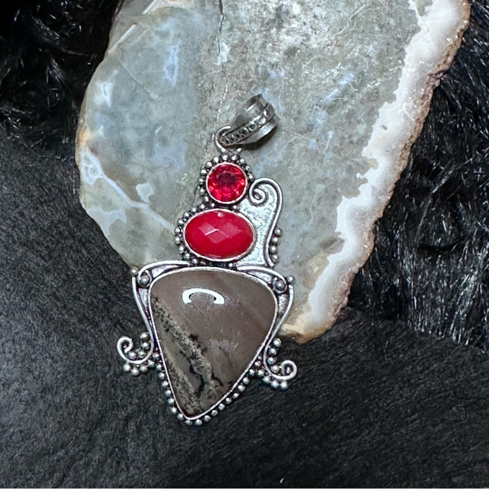 Artisan Handcrafted Jewelry Chalcedony Pendant with Red Coral Accent